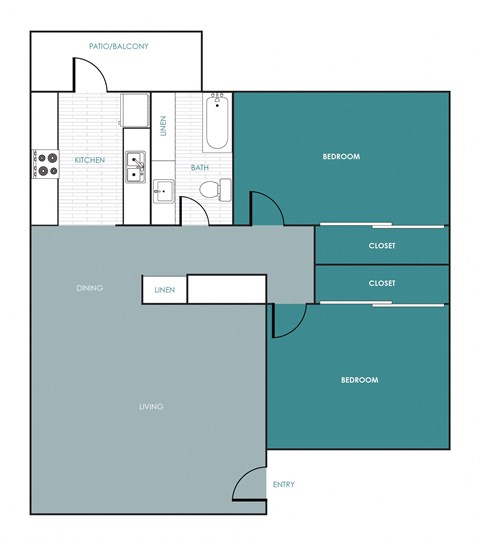 Floor plan for 2 beds, 1 bath, 1050 sqft